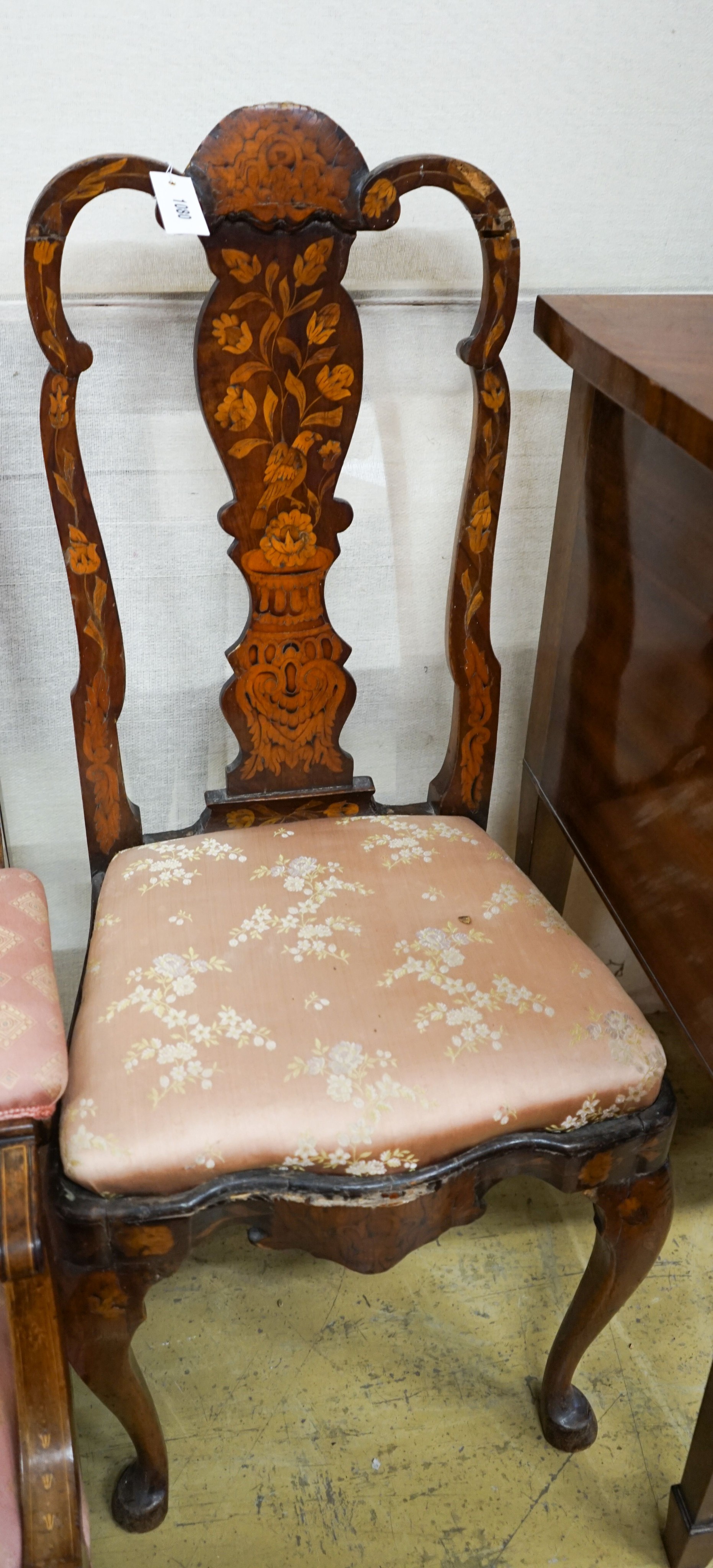 An 18th century Dutch marquetry inlaid walnut dining chair